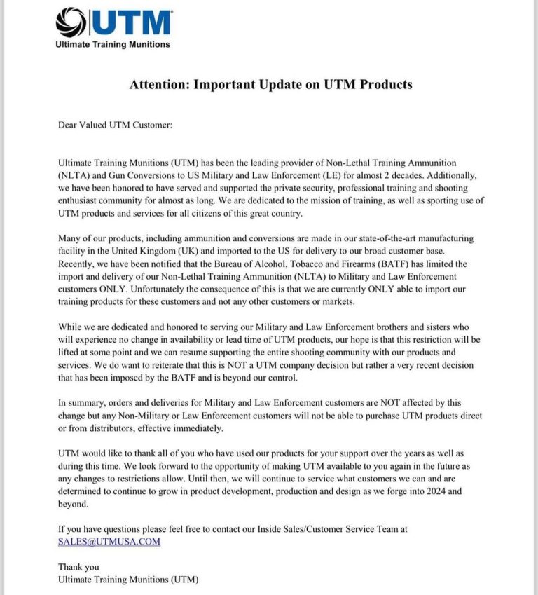 UTM Halts Sales of Training Ammunition to Civilians Due to ATF Ruling